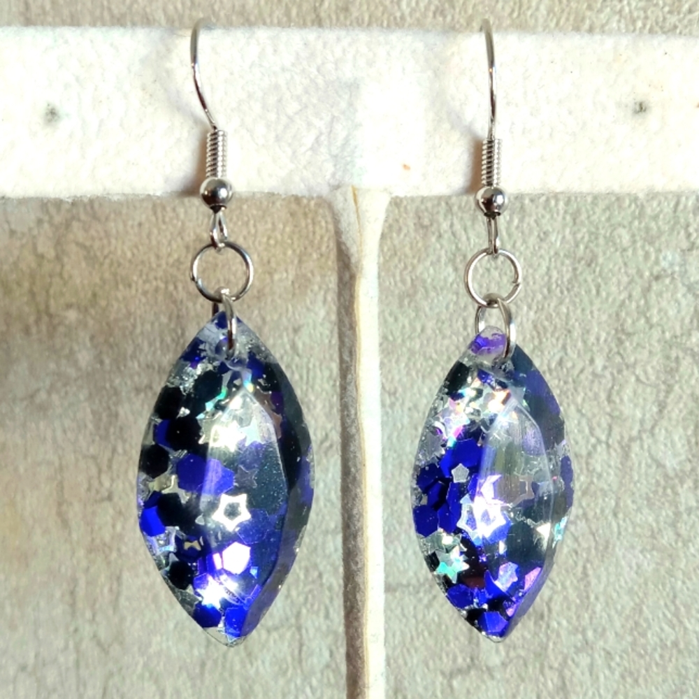 Purple Black And Silver Holographic Star Glitter Dangle Earrings Silver Hook New